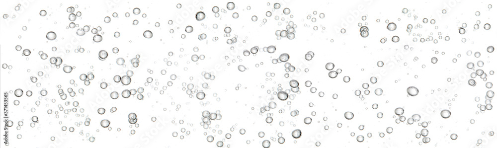 Black bubbles in a clear liquid under water flowing up to the surface, isolated on a white background.