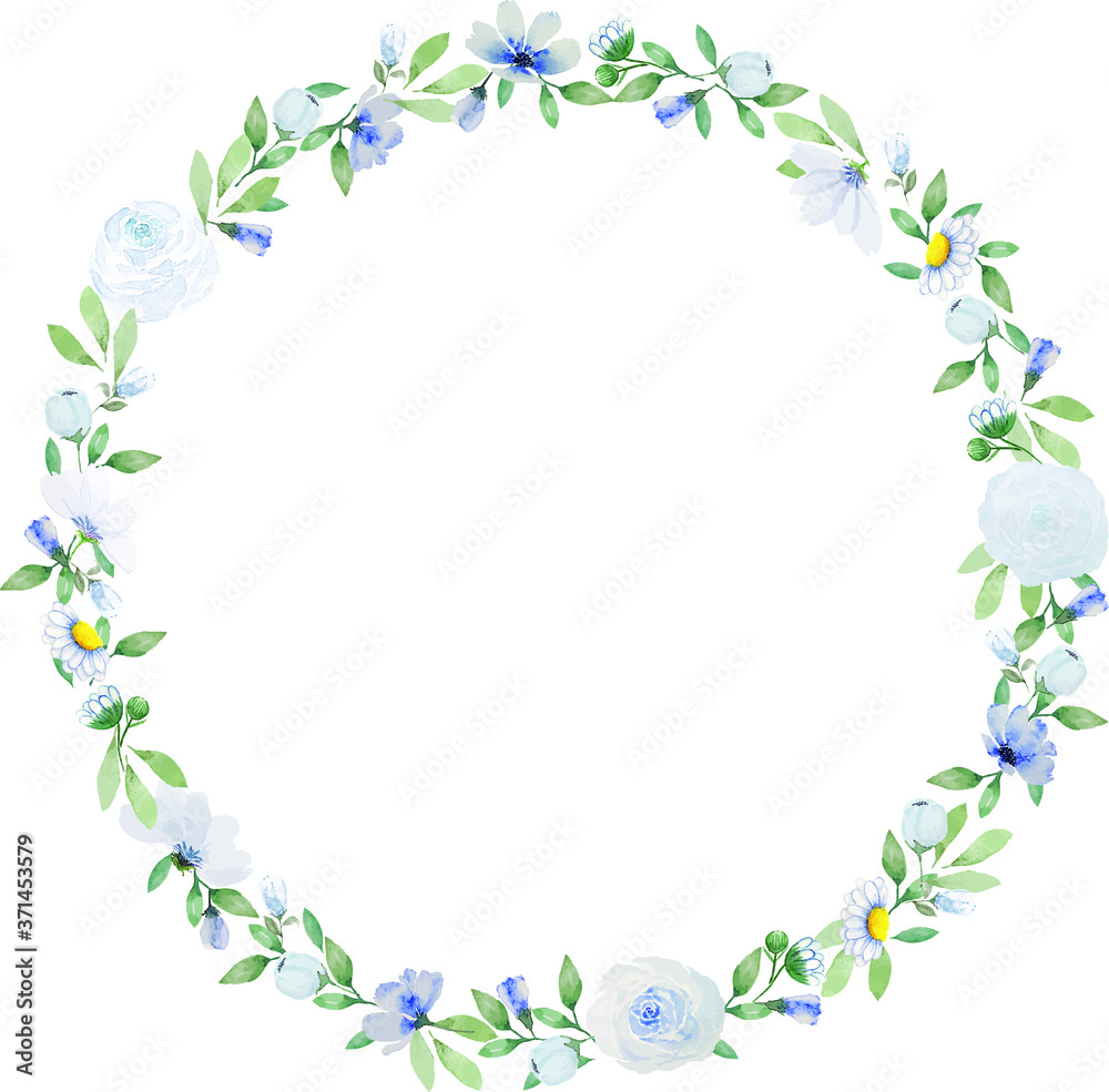 Light vintage flower and green leaves wreath painting watercolor illustration vector