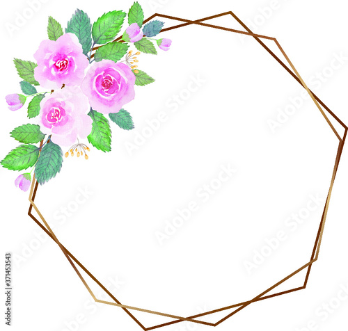 Pink rose bouquet and leaves branch painting watercolor with double golden hexagon wire frames illustration vector photo