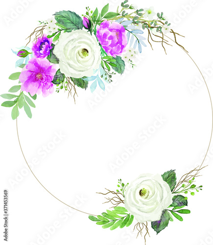 Vintage white and red flowers bouquet painting watercolor with round circle wire frames illustration vector