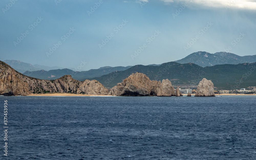 Aerial view of El Arco, at Cabo San Lucas. Rocky outcrops featuring a natural arch, are one of the most famous natural attractions of Mexico.