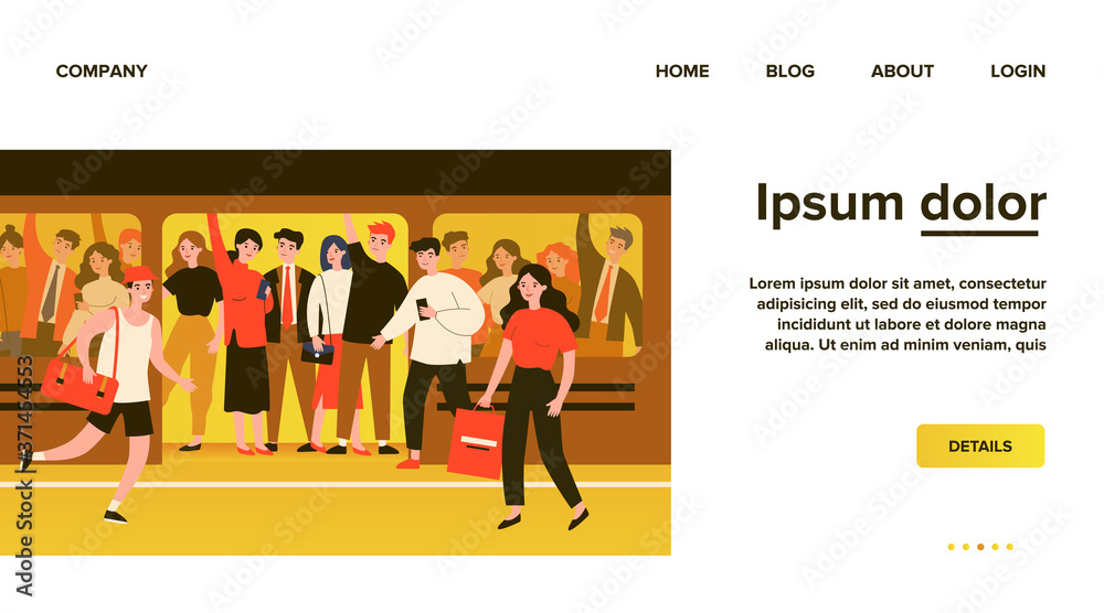 People hurrying into overcrowded train flat vector illustration. Cartoon characters squeezing in metro. Public transport, overpopulation and travelling concept.