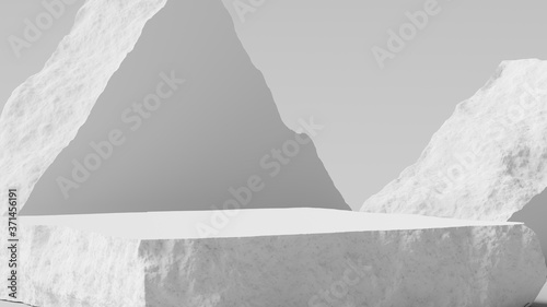 Product setting podium broken stone slabs, white stone platform, rough textured blocks object placement, 3d rendering, © vpanteon