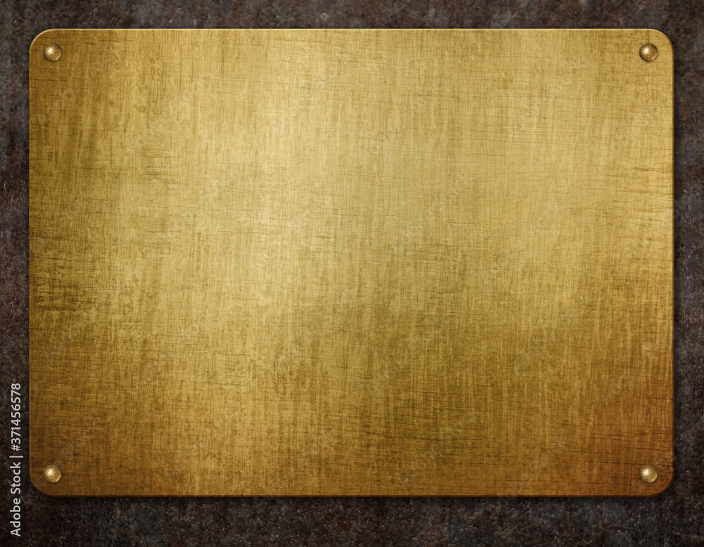 Fototapeta premium Golden metal plate with rivets on grunge background. 3d illustration