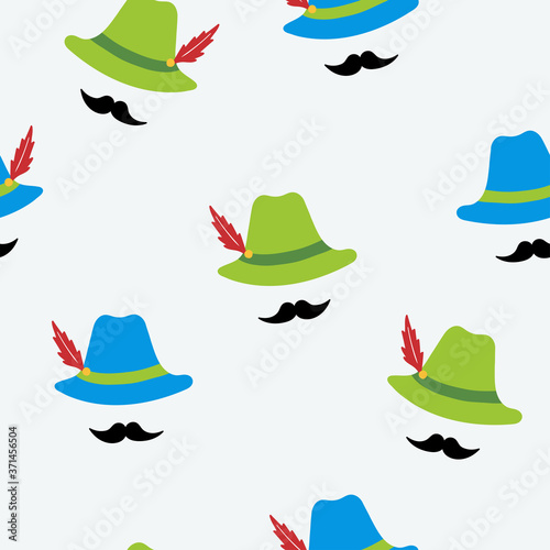 Oktoberfest seamless vector pattern with hats and moustaches. Vector flat illustration. For the design of textiles, Wallpaper, wrapping paper, postcards.