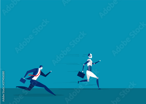 robot and businessman running on street compete concept vector illustration.
