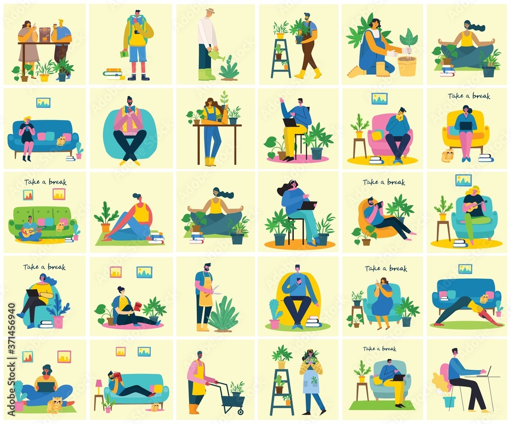 Fototapeta premium Take a break collage illustration. People have rest and drink coffee, use tablet on chair and sofa. Flat vector style.