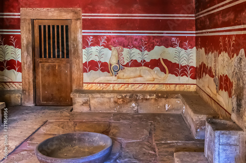 Little Throne Room in Minoan palace at Knossos on Greek Mediterranean Island of Crete partially reconstructed. Heraklion, Crete, Greece.