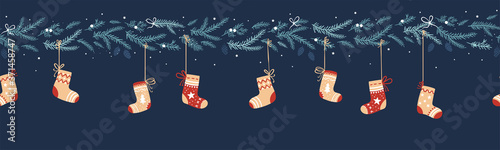 Lovely hand dawn seamless christmas garland with branches and stocking, great for banners, wallpapers, cards textiles - vector design