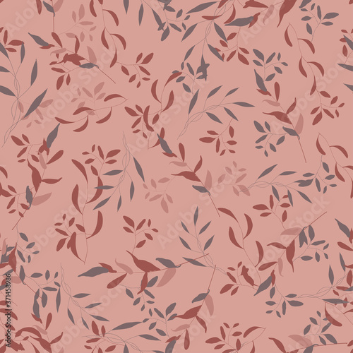 Botanical illustration in hand drawn style on pink  coral background. Seamless pattern of red