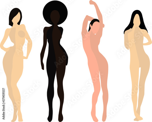 vector eps illustration set of 4 naked women with different colors of skin posing. beautiful female mannequin on white background. 