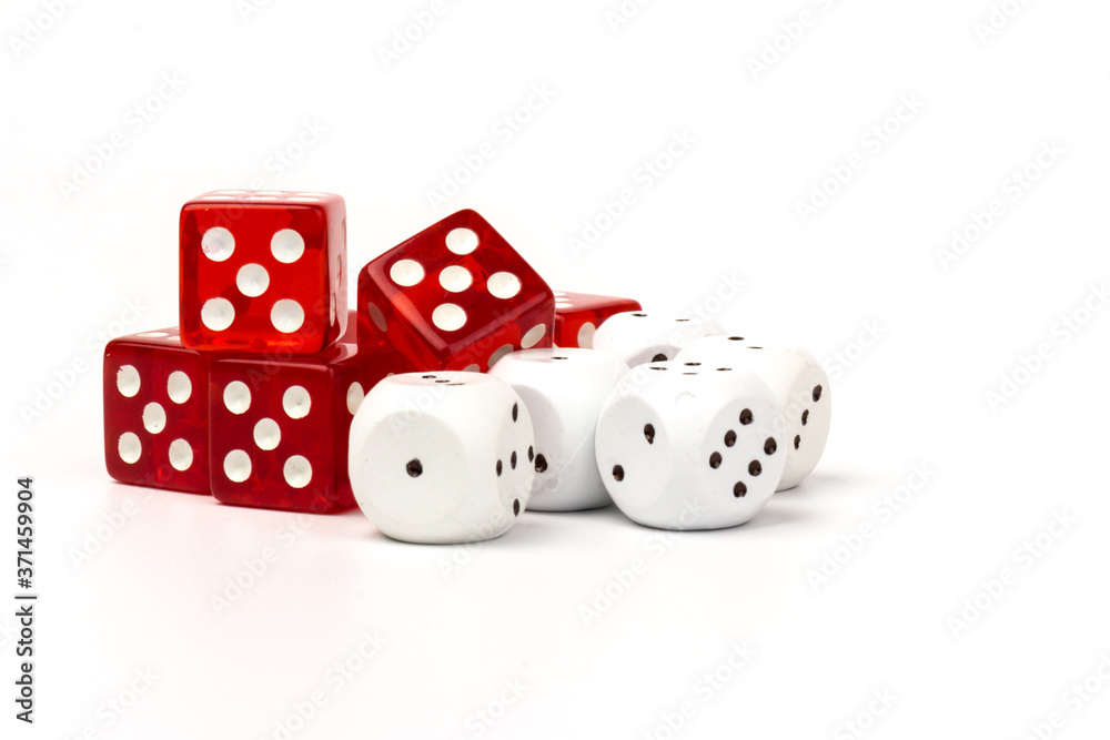 White and red glass dices isolated on white background. White and red glass dices isolated on white background.