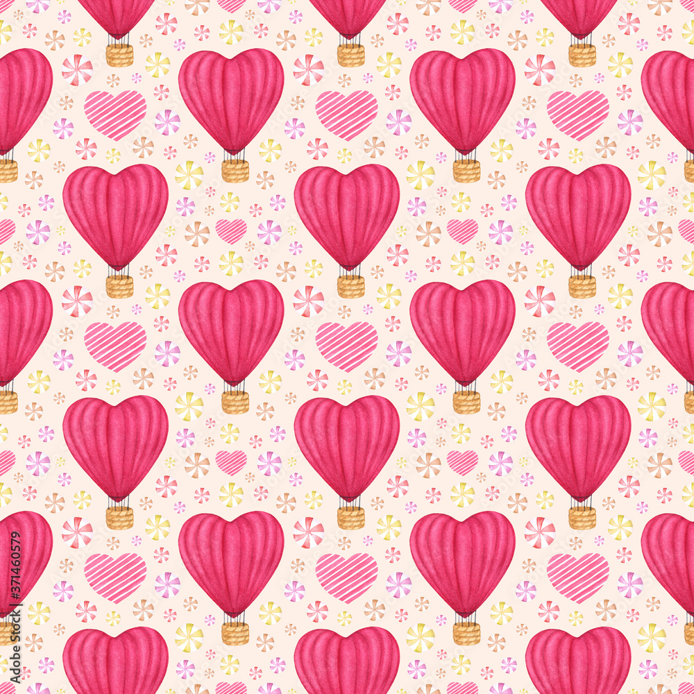 Watercolor hand drawn seamless pattern with pink red hot air baloon, hearts and candies. Holiday background for Valentine's/Mother's Day design; wrapping paper, greeting card, invitation, scrapbooking