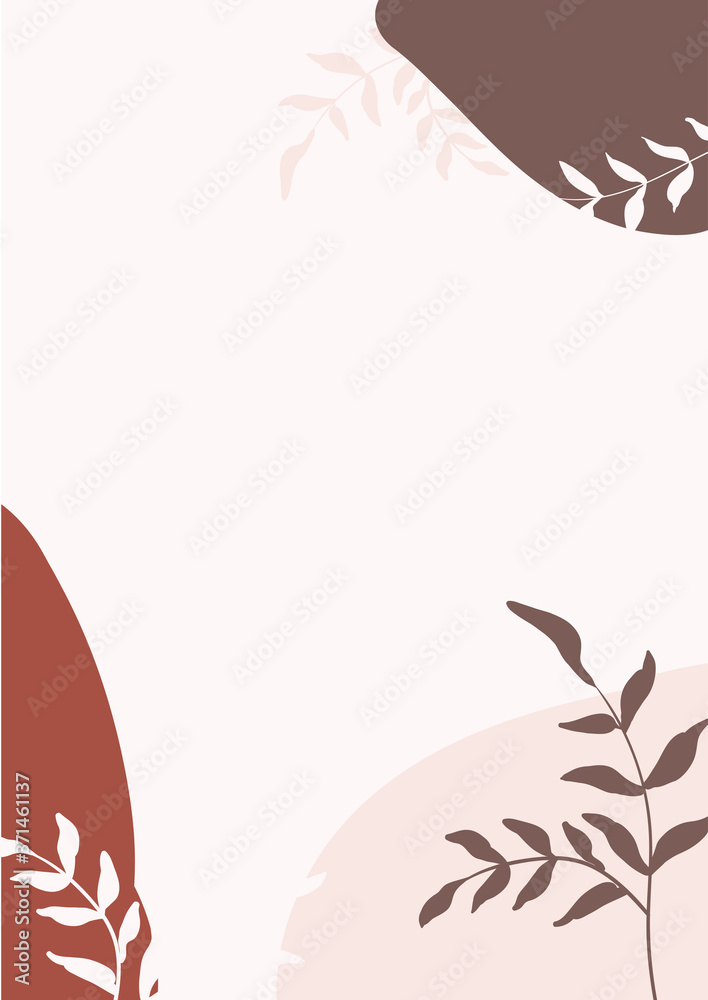 Fototapeta premium Contemporary background. Graphic decoration card, floral backdrop with abstract shapes and botanical elements, leaves. Cartoon simple line art invitation cards, hand drawing vector banner template