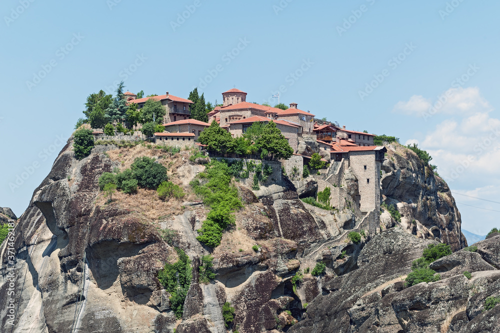 The view to the monastery of Meteora on top of the mountain in Greece