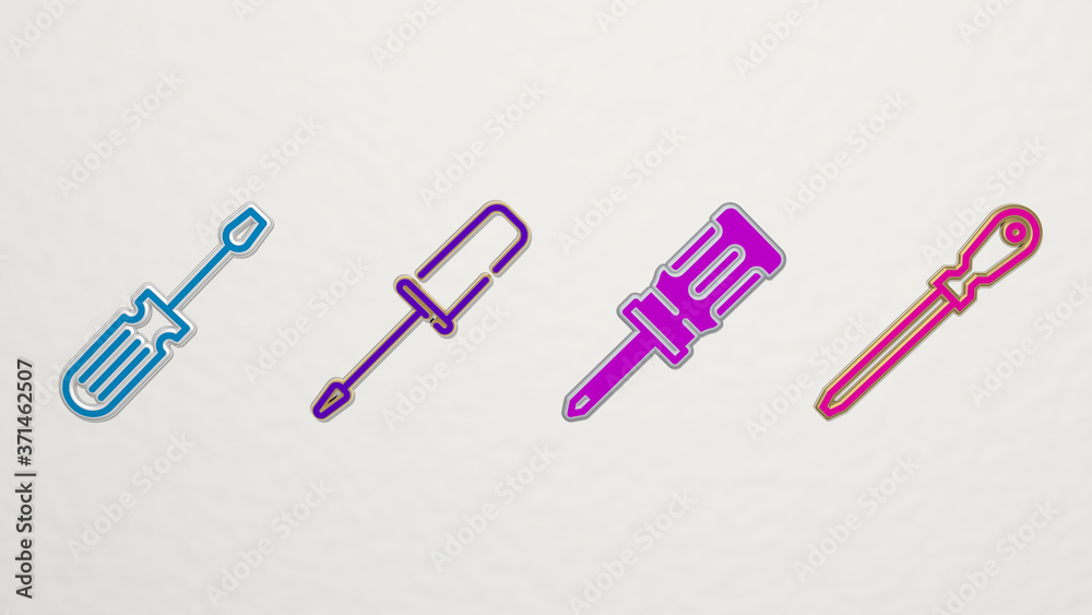 SCREWDRIVER 4 icons set - 3D illustration for construction and background SCREWDRIVER 4 icons set - 3D illustration for construction and background
