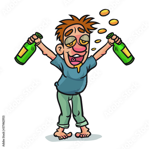 A drunk man stands holding two bottles of liquor