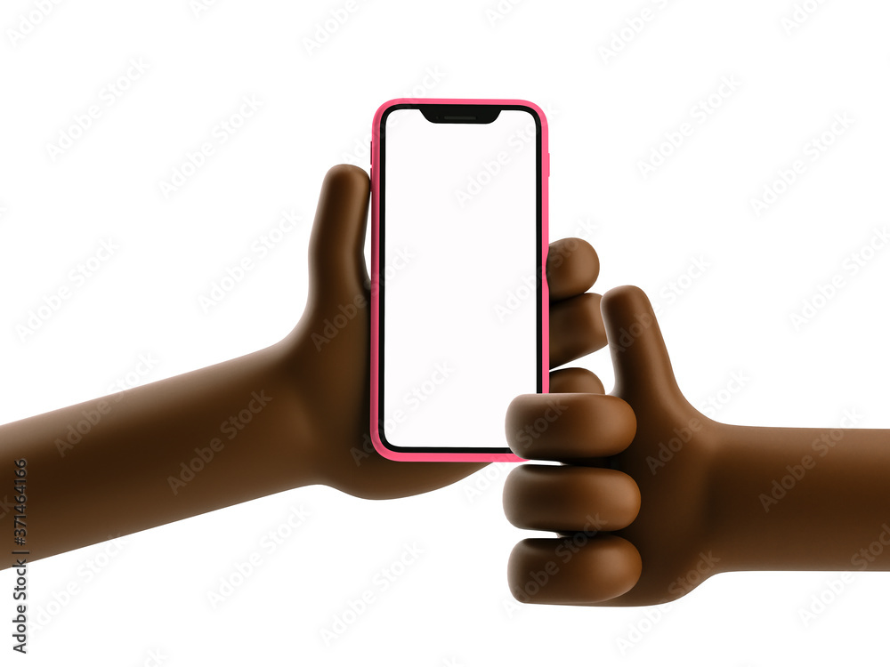 Cartoon device Mockup. Cartoon black man hand holding phone on white  background. 3d illustration. Stock Illustration | Adobe Stock