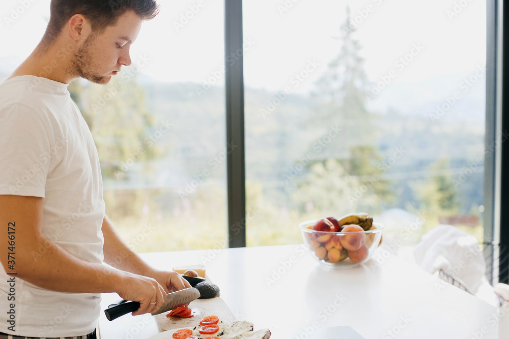 Process of making healthy toasts with avocado, tomato, arugula, cheese ...