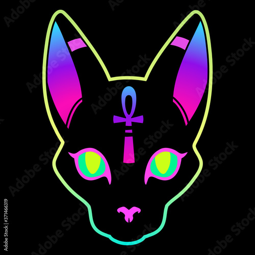 head of a sacred Egyptian cat in bright rainbow colors
