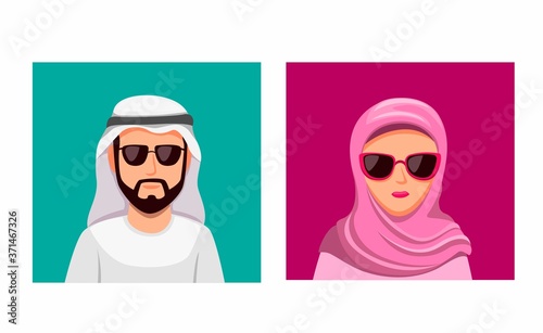 arabian Man wear turban and woman hijab couple wear eyeglasses icon set in cartoon illustration vector isolated in white background