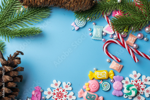 Christmas design flat lay. Winter holidays concept. New Year background. Copy space for text