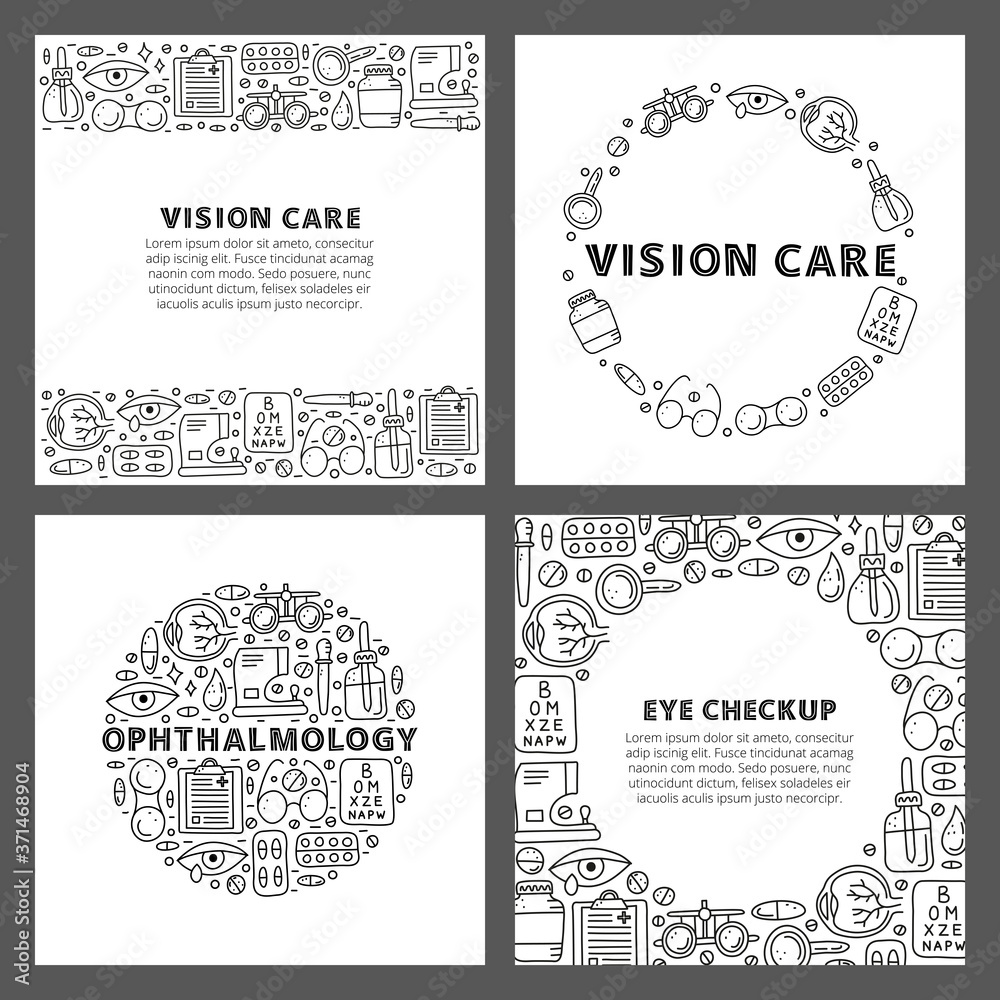 Set of cards with lettering and doodle outline ophthalmology icons including runny eye, pipette bottle, cornea, blank clipboard, lens case, glasses, autorefractometer, etc isolated on grey background. Set of cards with lettering and doodle outline ophthalmology icons including runny eye, pipette bottle, cornea, blank clipboard, lens case, glasses, autorefractometer, etc isolated on grey background.
