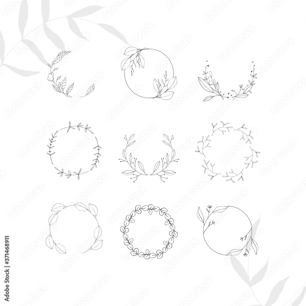 Tiny tattoo floral design set in doodle style isolated black contour hand drawing frame, wreath on white background. Botanical vector decoration print outline sketch illustration. Boho logo.