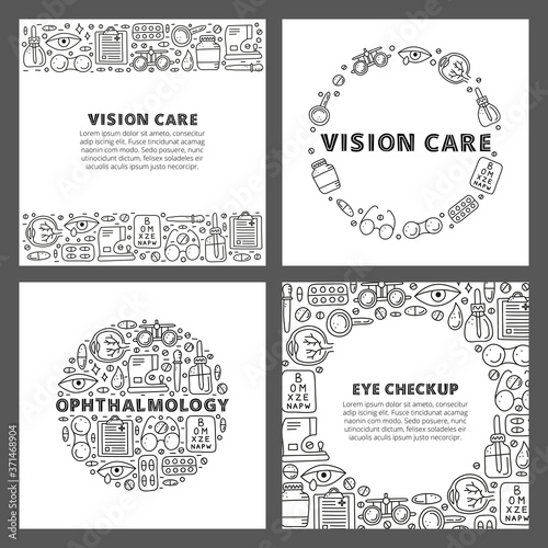Set of cards with lettering and doodle outline ophthalmology icons including runny eye, pipette bottle, cornea, blank clipboard, lens case, glasses, autorefractometer, etc isolated on grey background.