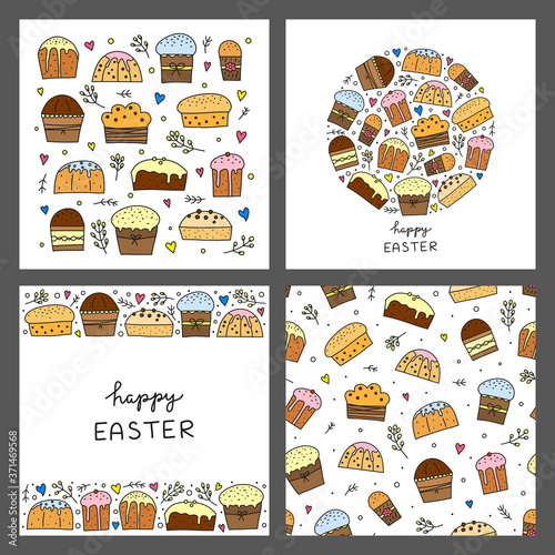 Set of cards with doodle colored Easter kulich cakes or Christmas panettones and pussy willows, hearts, dots isolated on grey background.