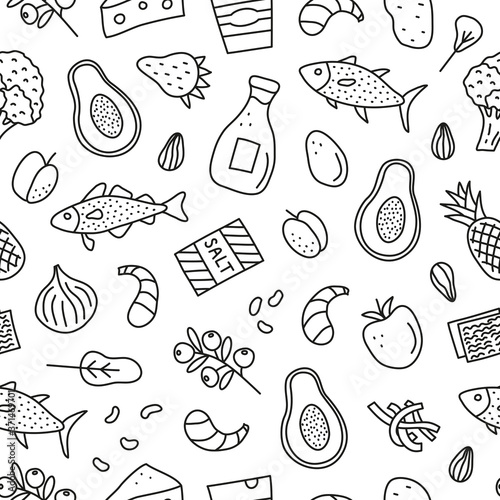 Black and white seamless pattern with doodle outline iodine food sources including cod, tuna fish, salt, broccoli, yogurt, milk, eggs, prunes, seaweed, shrimps, pineapple, etc.