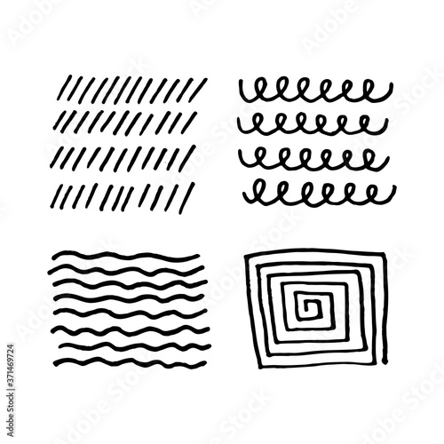 Set of scribble abstract doodle textures isolated on white background. Freehand inky stripes, waves, lines.