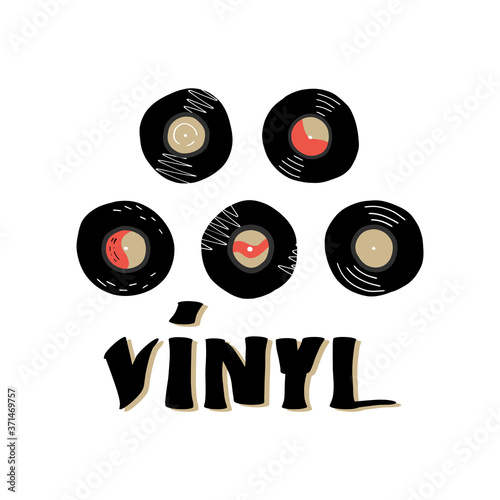 Cute set of various vinyl records and hand lettering. Musical sticker, label design. Vector isolated illustration.