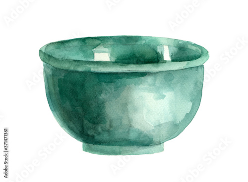 Vintage blue bowl, rustic kitchen utensils. Isolated objects on a white background. Retro style dishes, watercolor drawing in classic style, painting. Icons, elements for menu design, recipe book