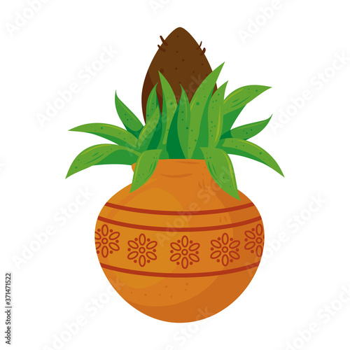 kalash with coconut and mango leaf isolated icon vector illustration design