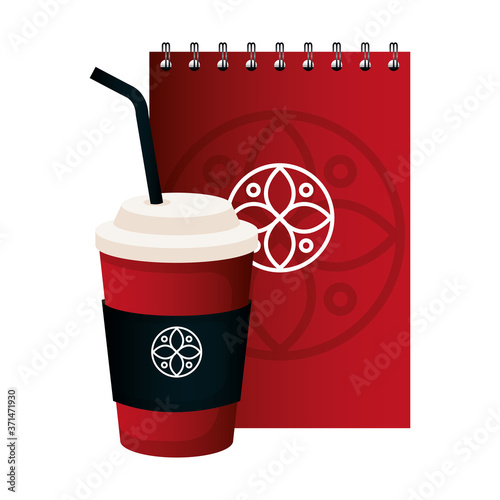 mockup disposable coffee and notebook red color with white sign, corporate identity vector illustration design