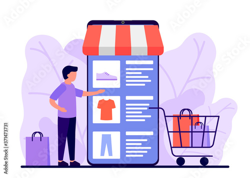 Retail, shop to online. Smartphone app for shopping goods. Man makes purchases via phone online, choosing product. Shopping cart for buyer with clothes and shoes. E-commerce on smartphone. Vector