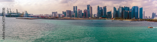 A panorama view from the Singapore Straits towards the port and financial district of Singapore  Asia