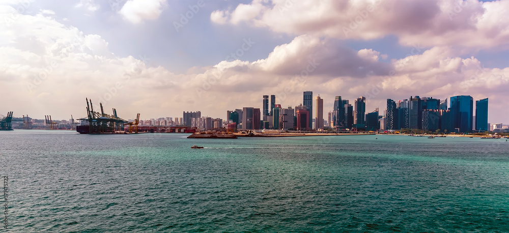 A view from the Singapore Straits towards the port and financial district of Singapore, Asia