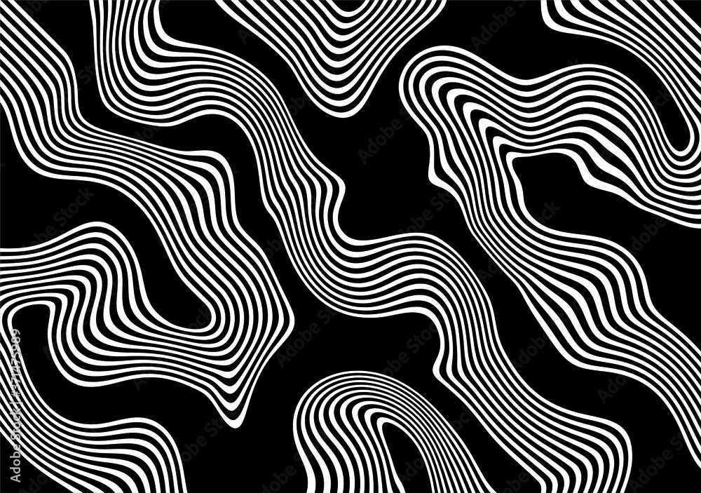 Trendy black and white abstract background of white swirling parallel lines on a black background. Vector illustration