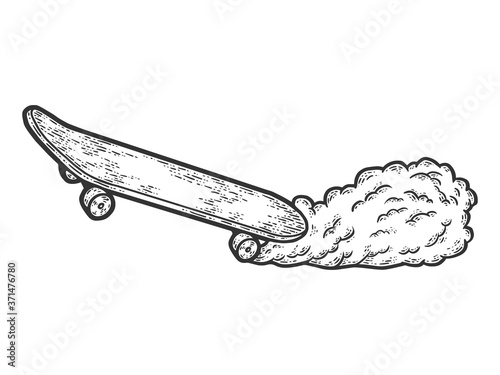 Skateboard and smoke from under wheels. Sketch scratch board imitation.