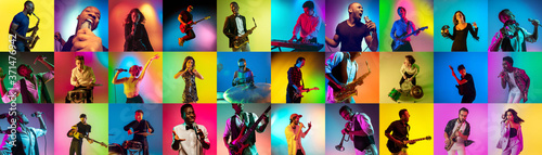 Collage of portraits of 17 young emotional talented musicians on multicolored background in neon light. Concept of human emotions, facial expression, sales. Playing guitar, singing, dancing, jumping.