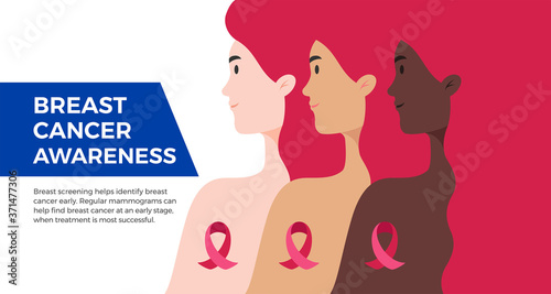 Breast Cancer Awareness Month USA banner. Women of different nationalities standing together to fight against breast cancer. Flat vector concept illustration for banner, poster, magazine, cover