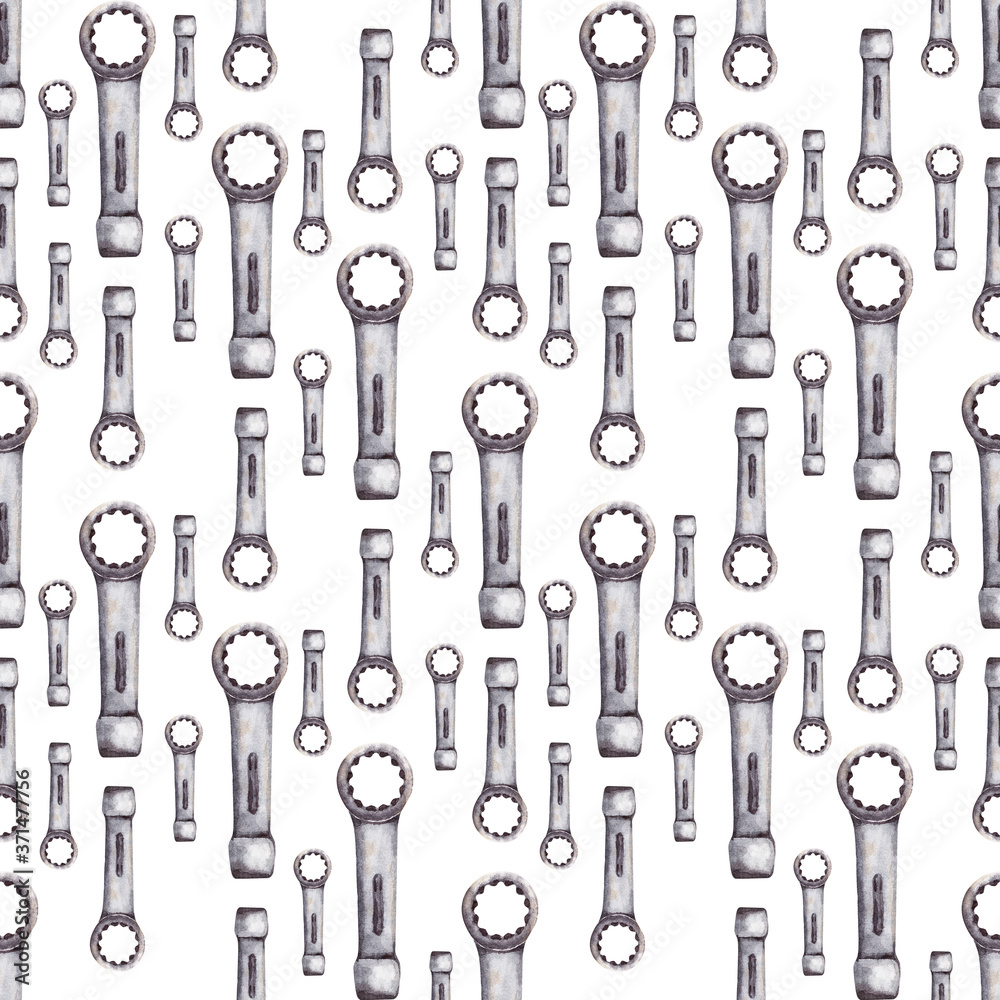 Watercolor seamless pattern with a variety of tools for repair. Pliers, hammer, saw, screwdrivers, protective gloves, nails, screws, springs Watercolor seamless pattern with a variety of tools for repair. Pliers, hammer, saw, screwdrivers, protective gloves, nails, screws, springs