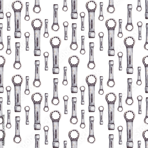 Watercolor seamless pattern with a variety of tools for repair. Pliers, hammer, saw, screwdrivers, protective gloves, nails, screws, springs