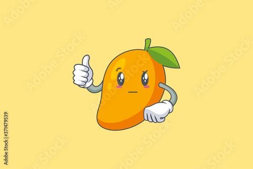 REALLY, ATTENTIVE, Curios Face Emotion. Thumb Up Hand Gesture. Yellow Mango Fruit Cartoon Drawing Mascot Illustration.