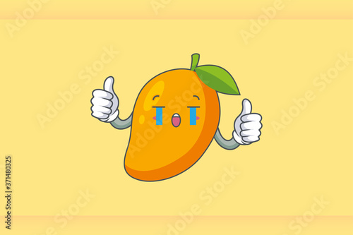 CRYING, SAD, SOB, CRY Face Emotion. Double Thumb Up Hand Gesture. Yellow Mango Fruit Cartoon Drawing Mascot Illustration.
