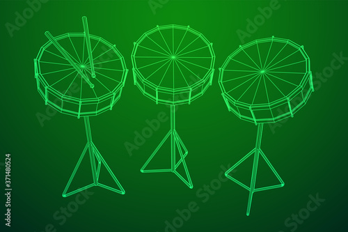 Musical instruments set. Rock band kit. Percussion musical instrument drum and stick. Wireframe low poly mesh vector illustration.