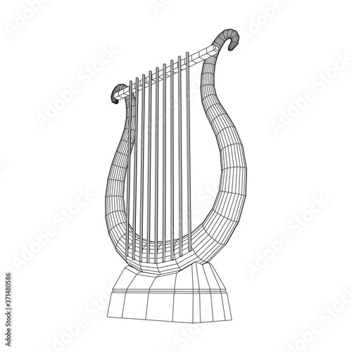Ancient lyre or harp musical instrument. Music concept. Wireframe low poly mesh vector illustration.