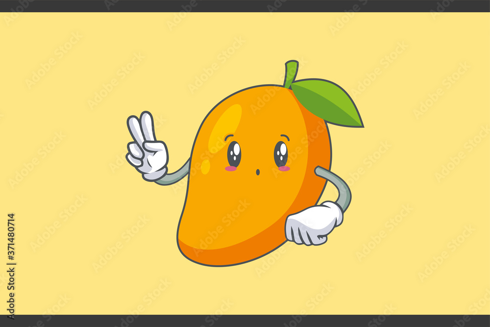 UH , OH, GASP Face Emotion. Peace Hand Gesture. Yellow Mango Fruit Cartoon Drawing Mascot Illustration. UH , OH, GASP Face Emotion. Peace Hand Gesture. Yellow Mango Fruit Cartoon Drawing Mascot Illustration.